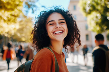 A young woman with dark, curly hair smiles warmly at the camera, exuding confidence and individuality. Her casual attire and relaxed pose convey a sense of youthful spirit