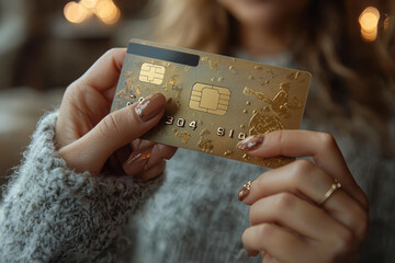 Poster - A woman holding a credit card while shopping online, highlighting consumer behavior. Concept of e-commerce.