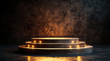 Poster - Three round wooden podiums with glowing lights in a dark room.