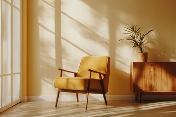 Sticker - Modern Living Room Interior with Armchair and Cabinet on Cream Background