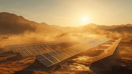 Futuristic solar panels in a desert landscape at sunrise showcasing renewable energy technology and sustainable innovation