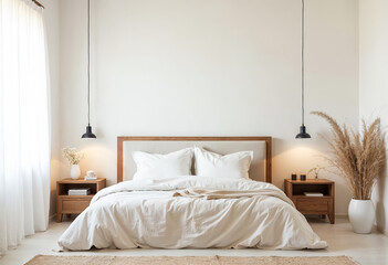 minimalist bedroom interior design with wooden bed furniture white bedding and home accessories empt