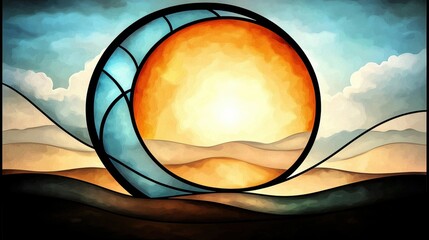 Poster - Abstract Illustration of Sun Over Desert Landscape