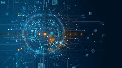 Abstract digital background with glowing lines and icons.