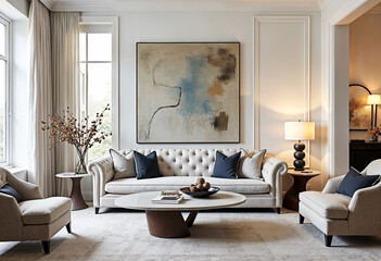 Elegant living room interior design with neutral color palette sofa armchairs coffee table lamp abstract painting window natural light home decor