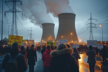 Large nuclear power plant with crowd protesting environmental impact and safety concerns in front of cooling towers