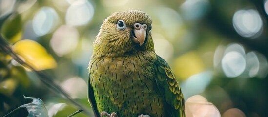 Wall Mural - A green parrot with a white eye ring perches on a branch with blurred leaves in the background.