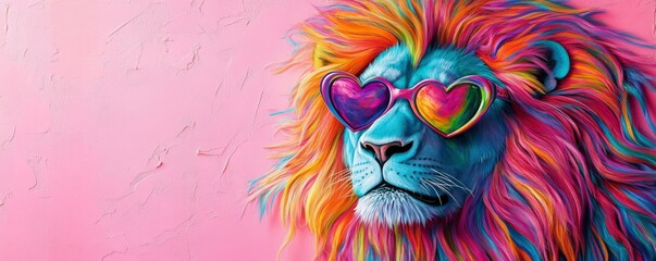 Wall Mural - Colorful lion with heart-shaped sunglasses on pink background, pop art concept