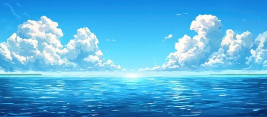 Poster - Blue sky with white puffy clouds over the ocean, sunlight reflecting on the water.