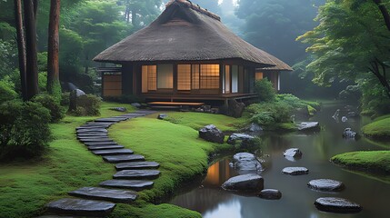 Wall Mural - A traditional Japanese house with a thatched roof sits nestled amidst a lush green garden, with a winding stone pathway leading to the entrance. 