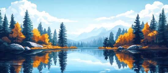 Wall Mural - Calm lake with mountains in the background and trees with golden leaves on the sides.