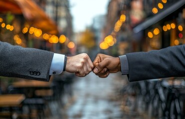 Two businessmen fist bumping with a blurred bokeh background, representing teamwork and partnership