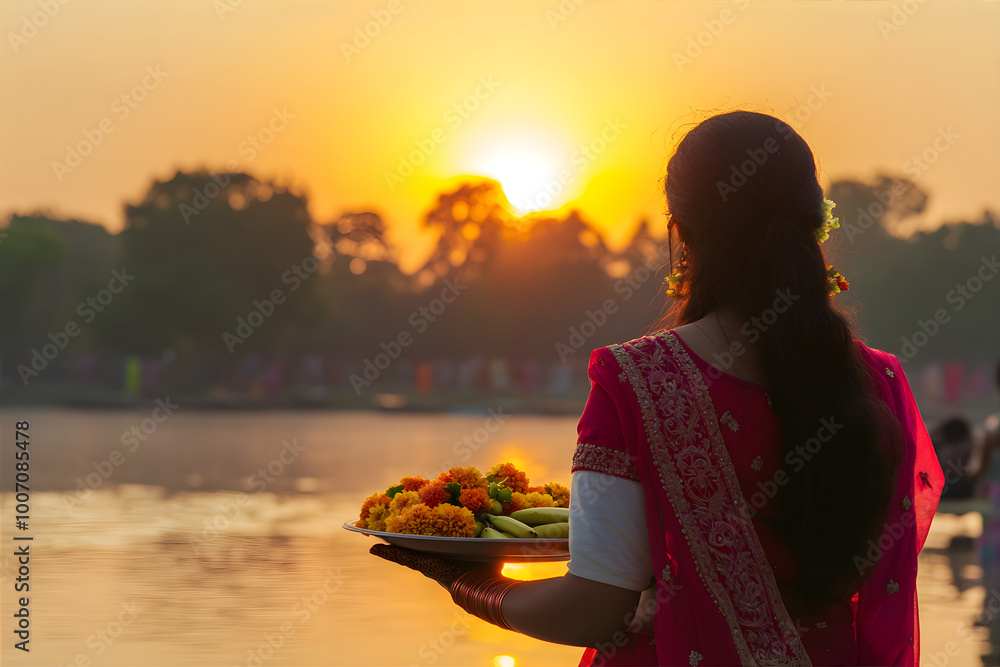 Chhath Puja background. Ancient Sandhya arghya day. Lady near the river ...