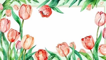 Watercolor banner background with a tulip frame. A beautiful summer and spring flower composition. A template for a holiday, wedding, invitation. Copy space.