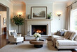 © Hoody Baba - Elegant living room interior with fireplace armchair and sofa home decor design