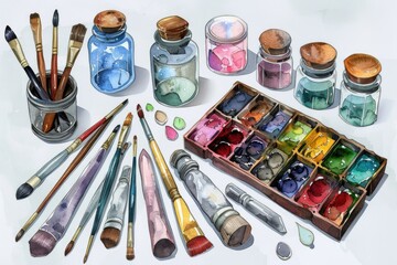 Art supplies on a table, perfect for illustrations or painting