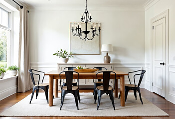 Modern farmhouse dining room interior design with black chandelier and wood table