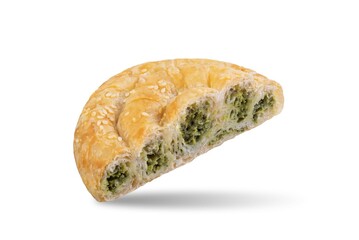 Spiral filo dough Greek pie with filling on a white isolated background