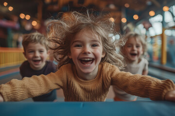 Poster - Parents and kids having a day at the indoor trampoline park, jumping and playing together.