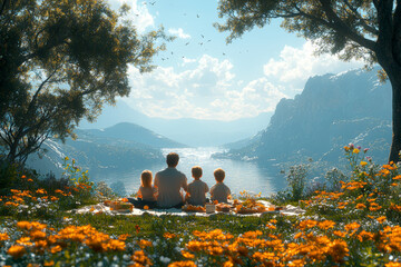 Poster - Parents and children having a picnic lunch in a scenic spot, relaxing and enjoying each other's company.