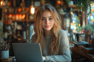 Poster - A young woman having a relaxed day off at a local cafe, working on her laptop while sipping a coffee.