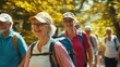 © Johannes - Elderly people in Boston find happiness and motivation in a diverse exercise group trekking outdoors, embracing an active and fun lifestyle with friends.