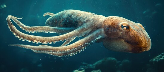 Close-up of an octopus swimming in blue water with its tentacles outstretched.