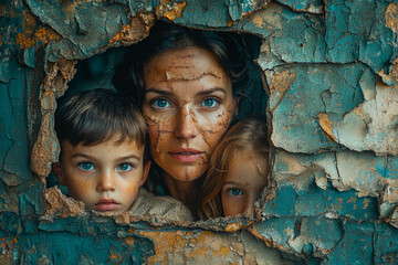 Poster - A family photo on a wall with a portion of it removed or torn, symbolizing the absence of a family member.