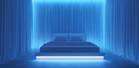 A blue bedroom with a bed, two potted plants, and white curtains. Elevate Bedroom Comfort with Cozy LED Strip Lights Under Bed Frame. Concept LED Strip Lights, Lighting Ideas, Interior Design