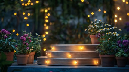 Wall Mural - Wooden platform with lights and flowers in pots.