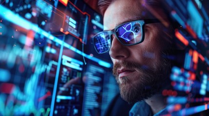 A person wearing glasses sits in front of a computer, focusing on the screen