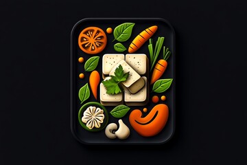 Aufkleber - Minimalist icon of a vegetarian plate, featuring abstract shapes of tofu and vegetables in a simple, clean design.