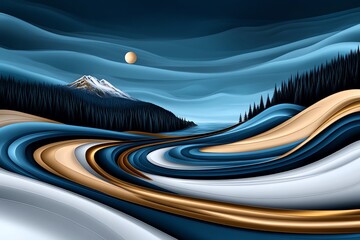 Aufkleber - Minimalist ocean and nature scene, with abstract shapes representing waves and a forested coastline in a clean, simple design.
