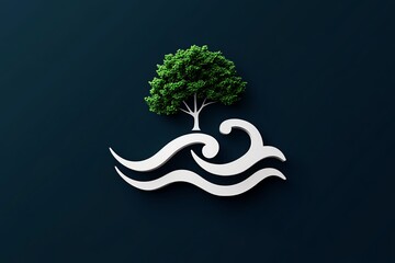 Poster - Minimalist ocean wave and tree icon, using abstract shapes to represent the balance between ocean and nature in a clean, modern design.
