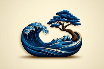 Poster - Minimalist ocean wave and tree icon, using abstract shapes to represent the balance between ocean and nature in a clean, modern design.