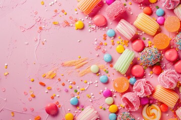 Wall Mural - A vibrant pink background filled with various candies and sweets