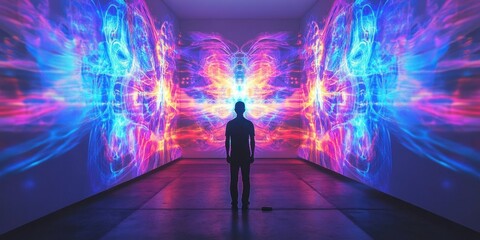 a man standing in front of a colorful light tunnel