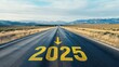 © QuietWord - road to 2025, asphalt road with yellow 2025 number on surface, endless road abstract background