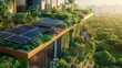 © Elmin - A green rooftop with solar panels and blooming plants. The plants help with climate change, and the solar panels generate clean energy. It's a solar rooftop garden.