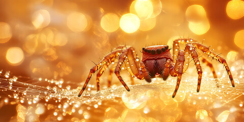 Spider Waiting on Dewy Web in Morning Light