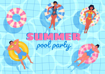 Wall Mural - beautiful women in pool. color inflatable circles, people with rubber water toys, swimming rings, ha