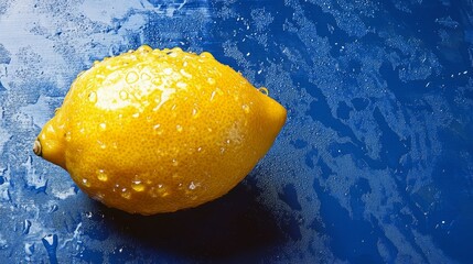 Fresh lemon with water droplets on blue background, vibrant citrus concept