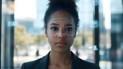 Wall Mural - A Black businesswoman stands in front of an office building, with digital facial biometric data overlaying her face