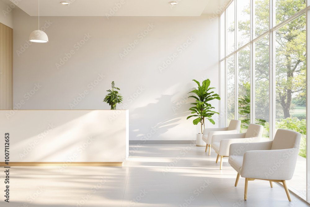 Modern reception area with natural light, minimalist design, and green ...