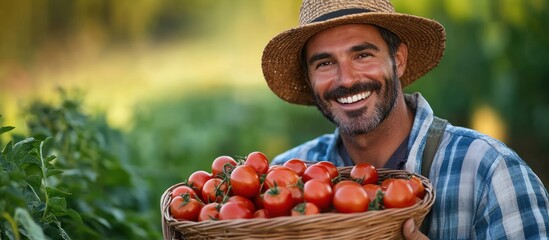 Canvas Print - Happy farmer holding a basket full of ripe tomatoes in a field.