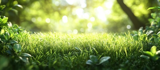 Sticker - Lush green grass field with blurred forest background in sunlight.