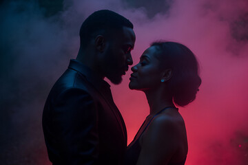 black couple embracing. african american man and woman. ya paranormal fantasy concept. darkness with