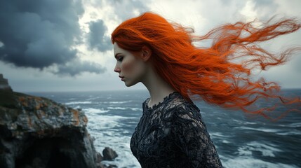 Wall Mural - A young woman with fiery red hair, standing on the edge of a cliff by the ocean, is dressed in a modern designer dress