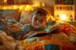 © Denis Tuev - young boy, about 7 years old, is lying in bed under soft, warm lighting, reading a colorful storybook. His room is filled with toys and books, and his bed is covered with a vibrant quilt