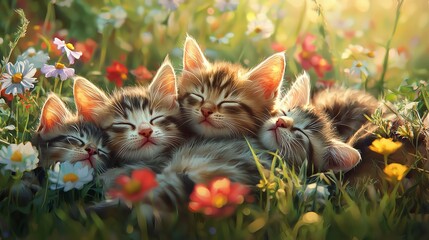 An abundance of wildflowers surround a group of kittens napping